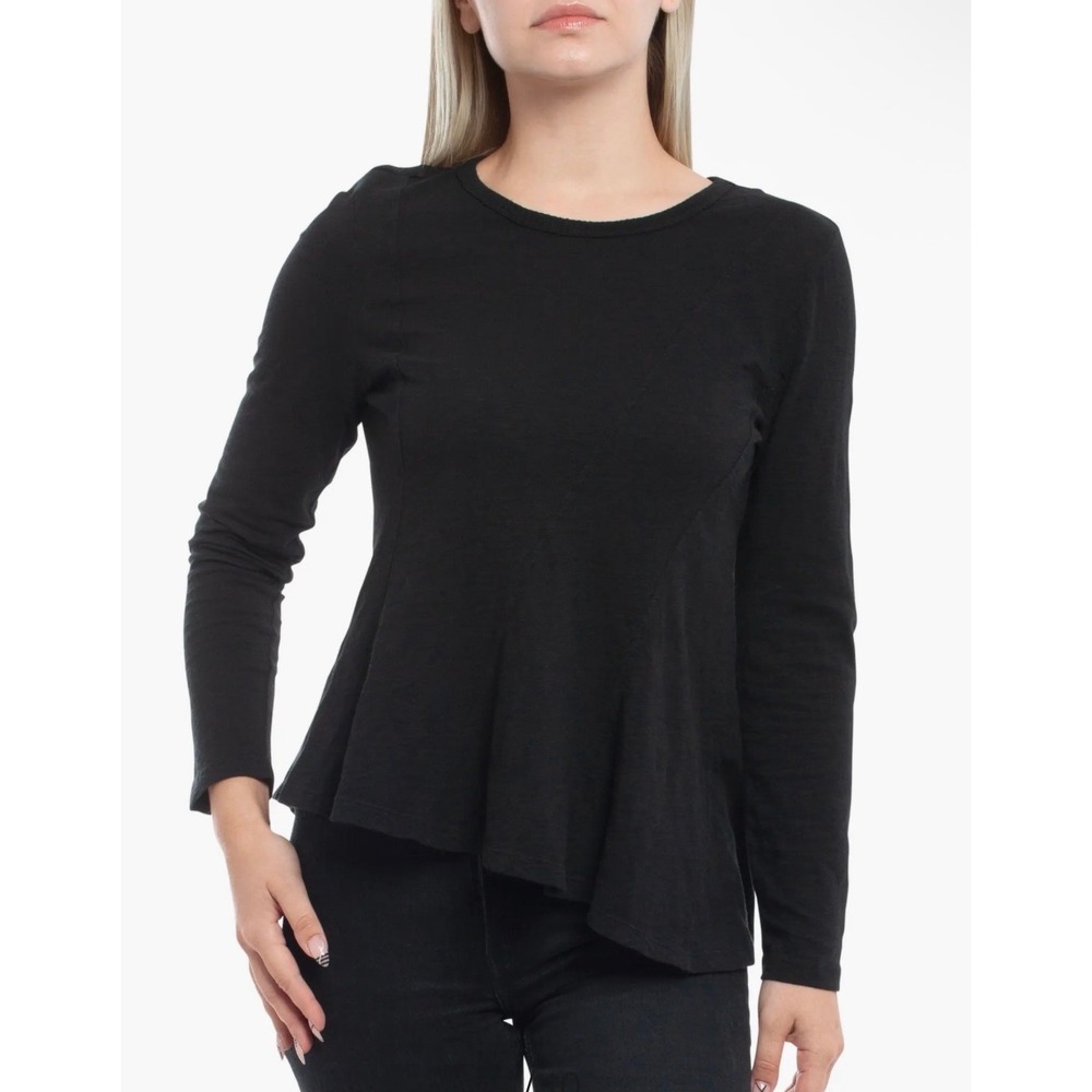 Wilt Black Long Sleeve Asymmetrical Hem Tunic Top XS Round Neck Slub Fabrication
